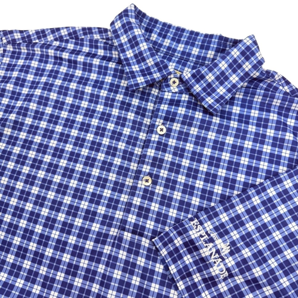 Donald Ross Polo Shirt Mens XL Blue Plaid Performance Polyester Esplanade Logo
